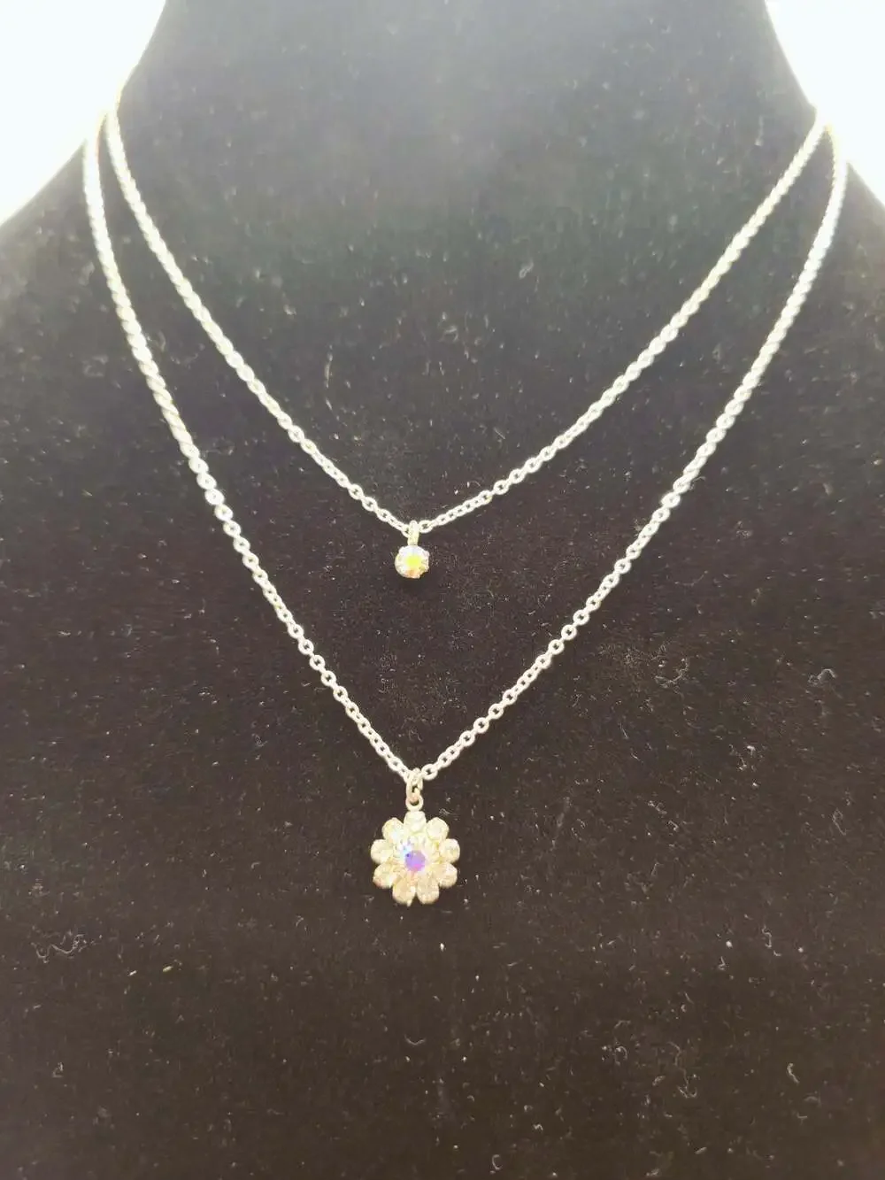 Silver-Tone Layered Daisy and Crystal Pendant Necklace